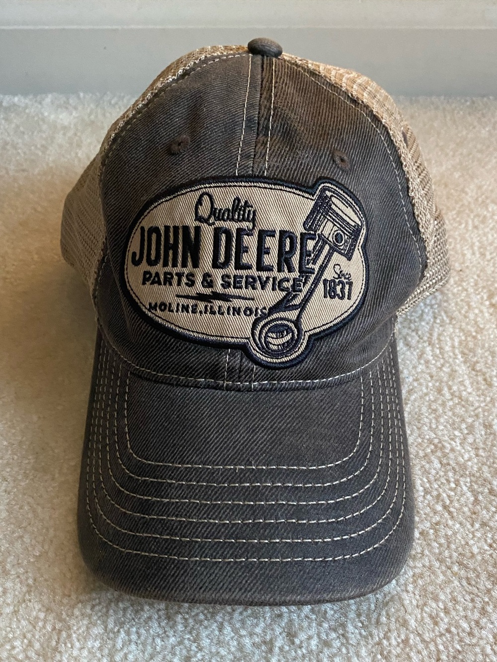 John Deere Brown Distressed Baseball Hat Adjustable Mesh Back Cap Moline IL